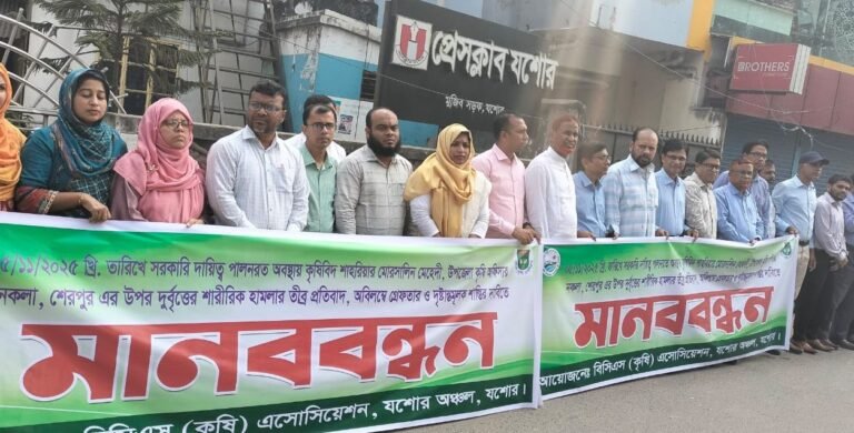 শেরপুর নকলায় উপজেলা কৃষি অফিসারের ওপর হামলার প্রতিবাদে যশোরে মানববন্ধন